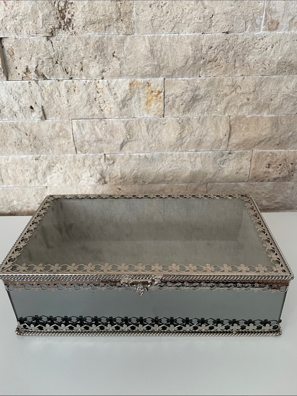 Mirrored Glass Jewelry Box with Ornate Silver Trim